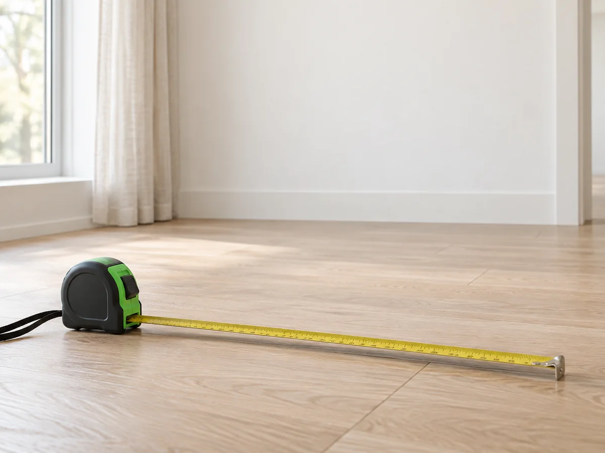 A tape measure across the floor of an empty, bright room.