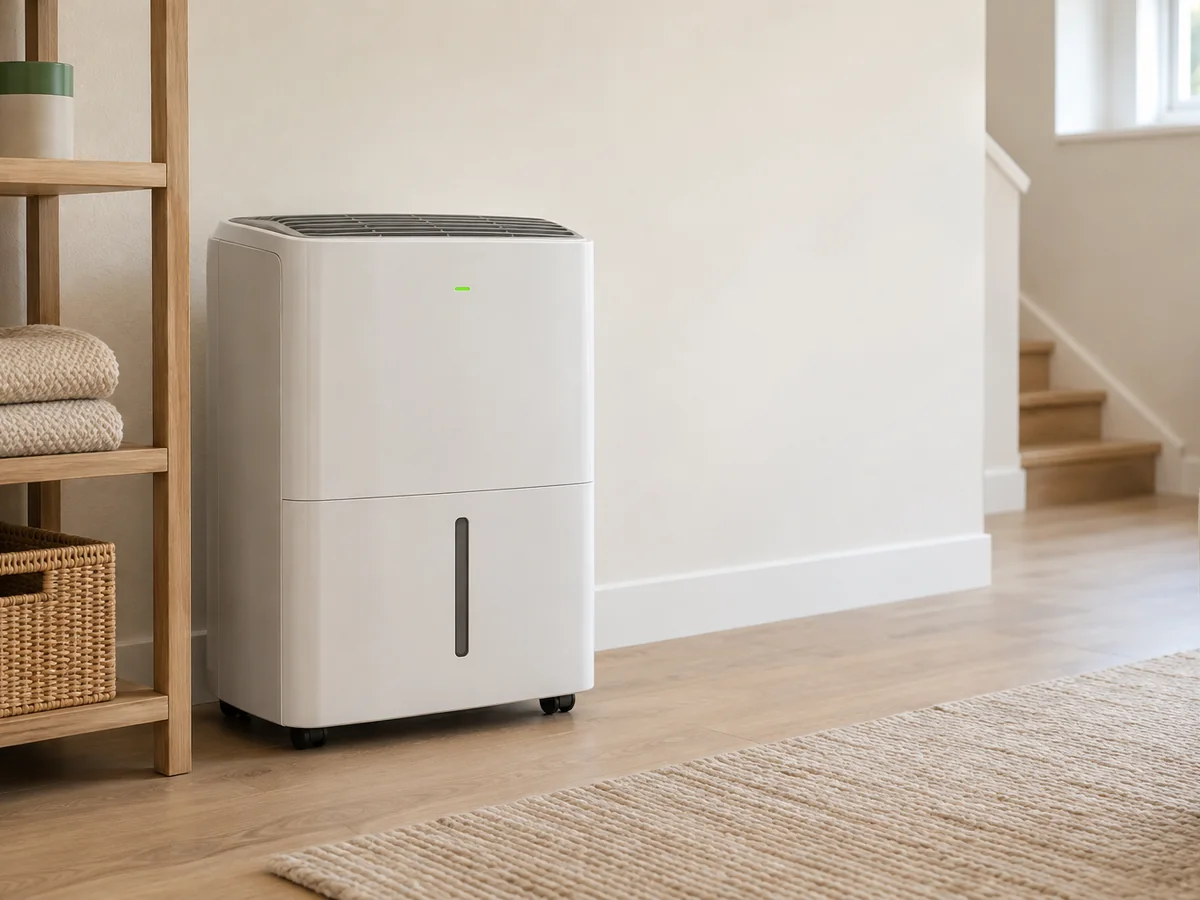 A large dehumidifier in a finished basement.