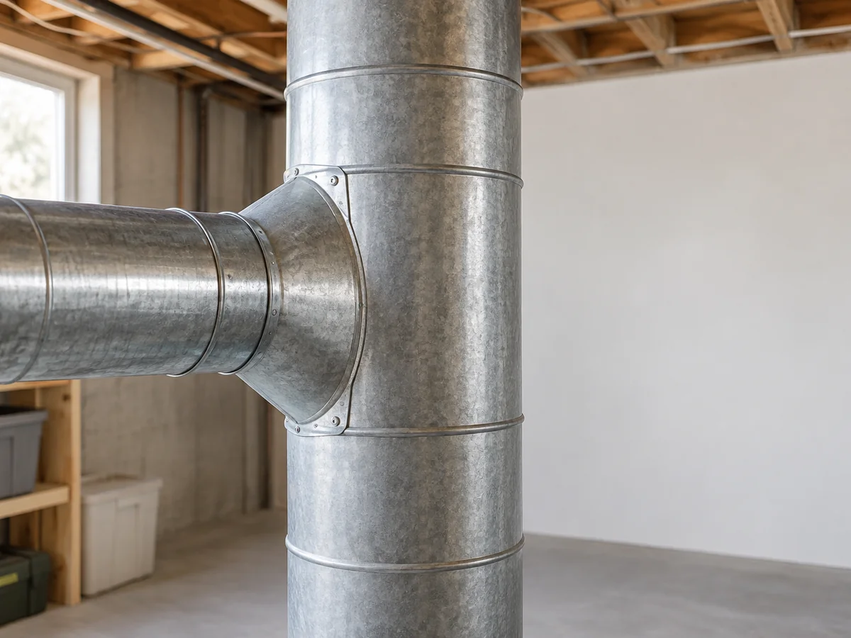 A round galvanized air duct with a branch fitting in a basement.
