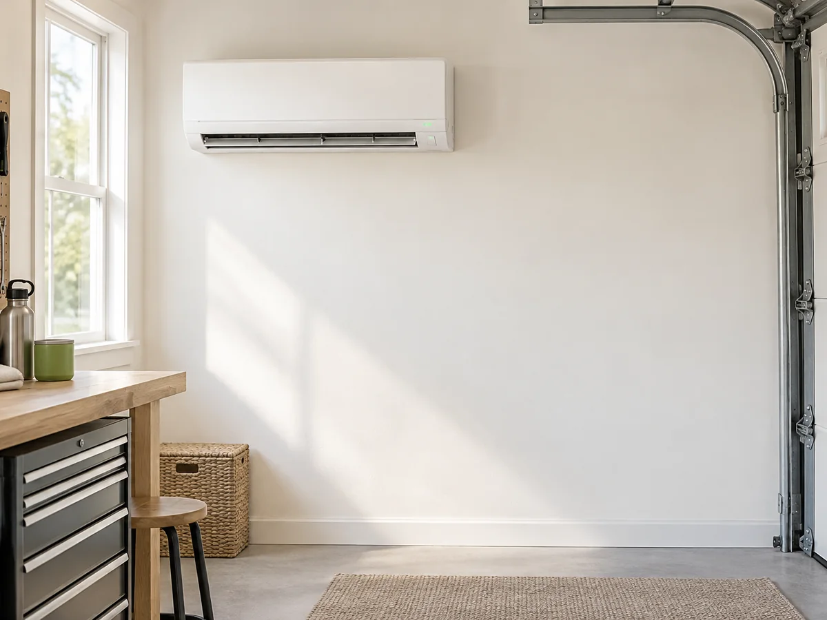 A ductless mini split unit mounted high on a finished garage wall.