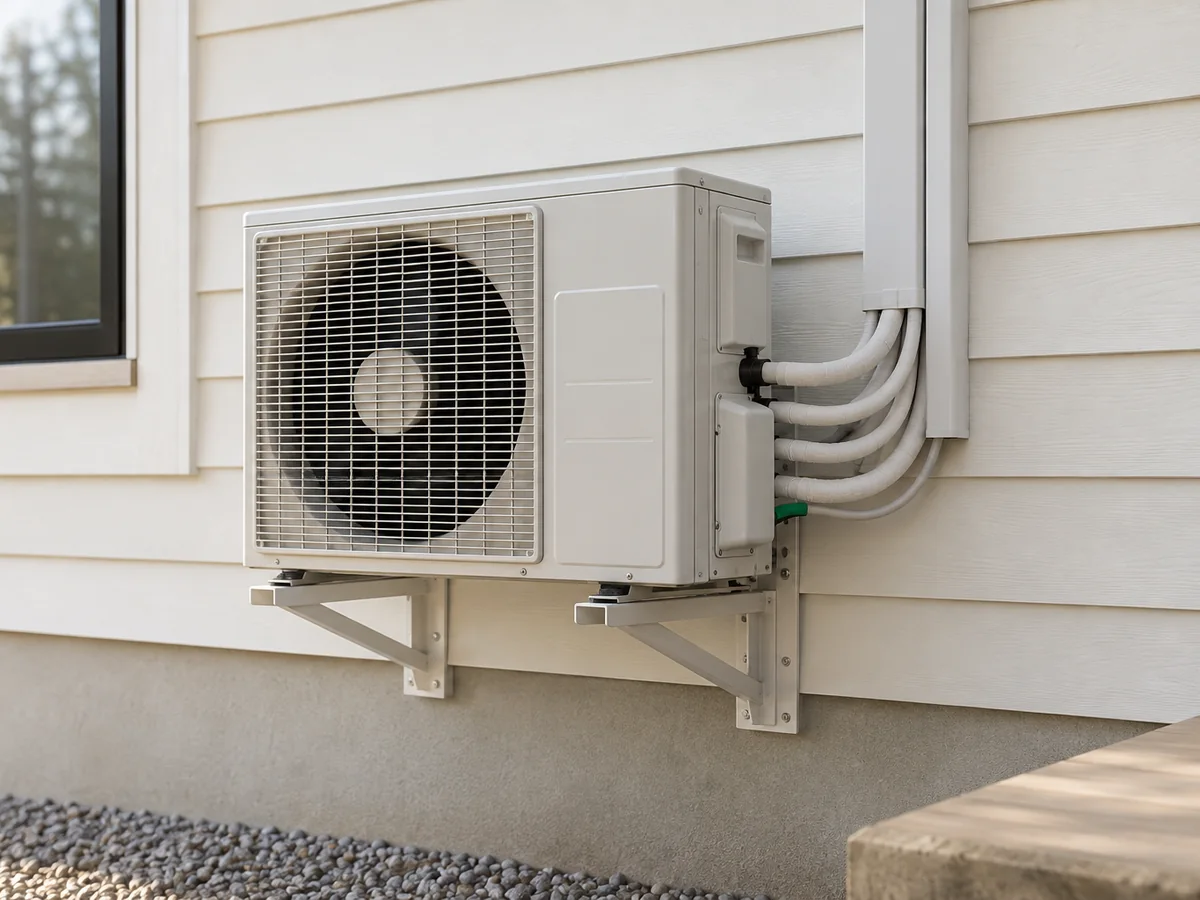 An outdoor multi-zone mini split condenser with several line sets.