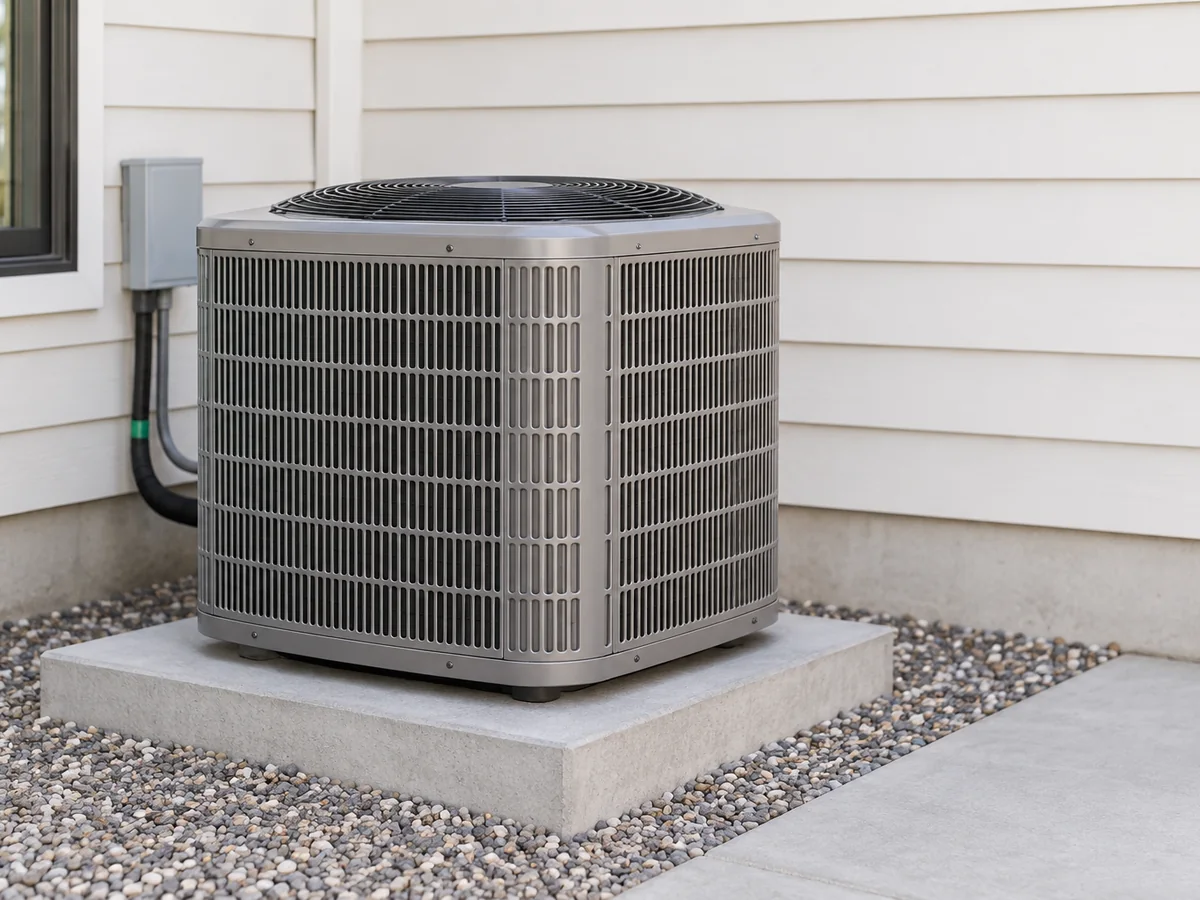 A high-efficiency central air condenser on a concrete pad.