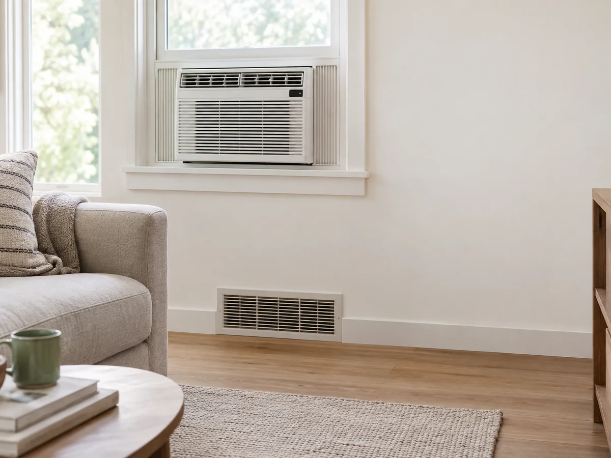 A window air conditioner above a floor supply vent in a living room.