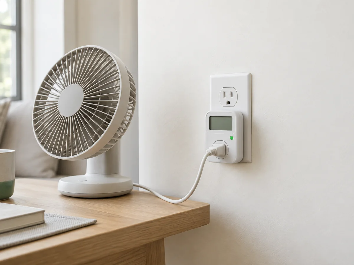 A plug-in electricity usage meter in a wall outlet powering a desk fan.