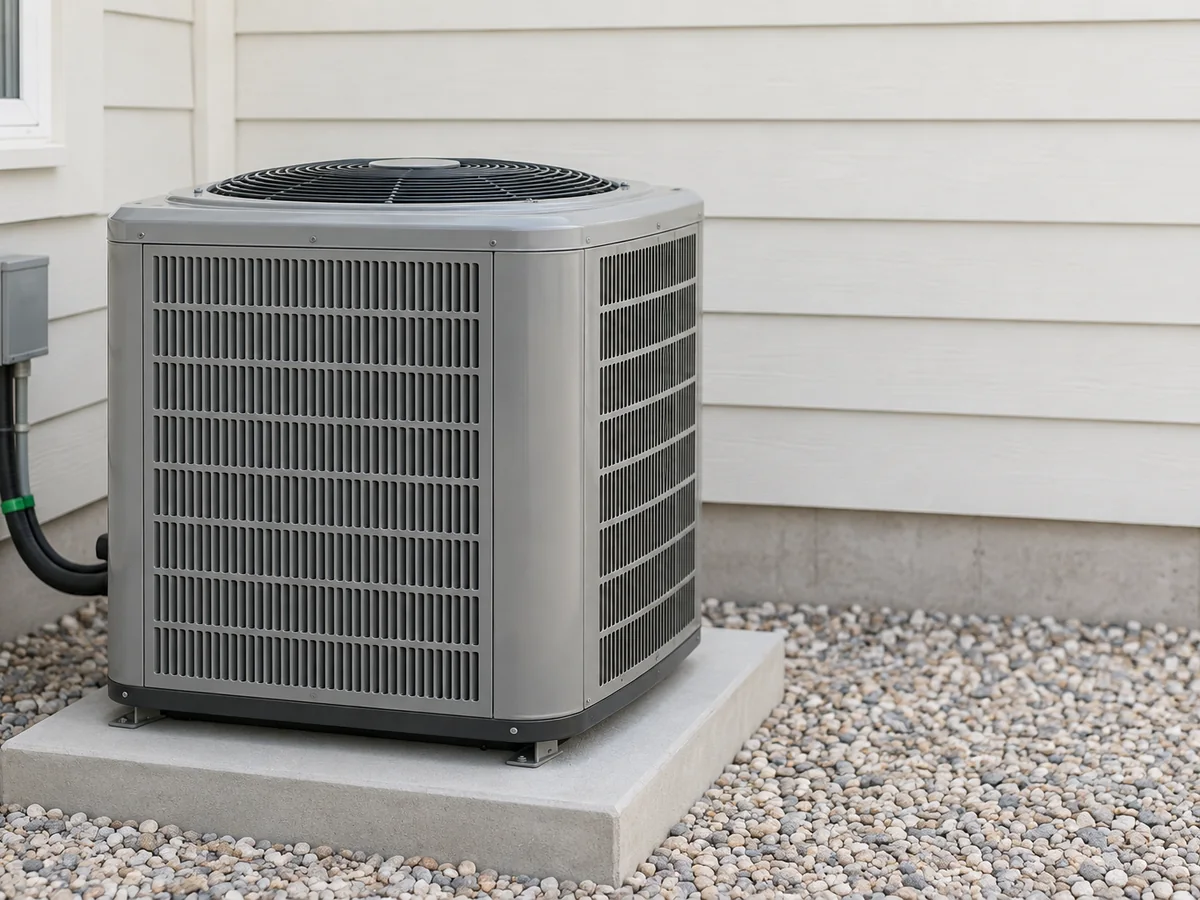 An outdoor central air conditioner condenser on a concrete pad beside a house.