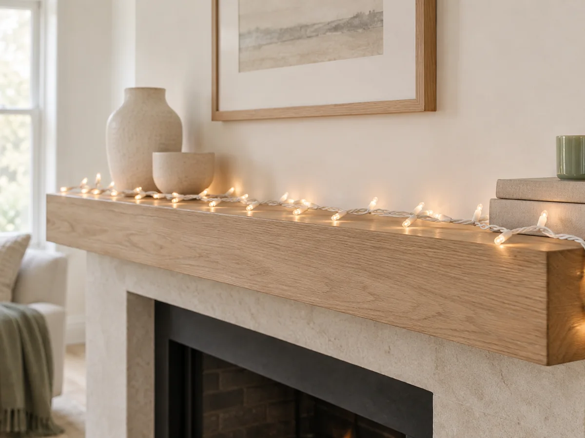 A strand of holiday string lights coiled on a wooden mantel.