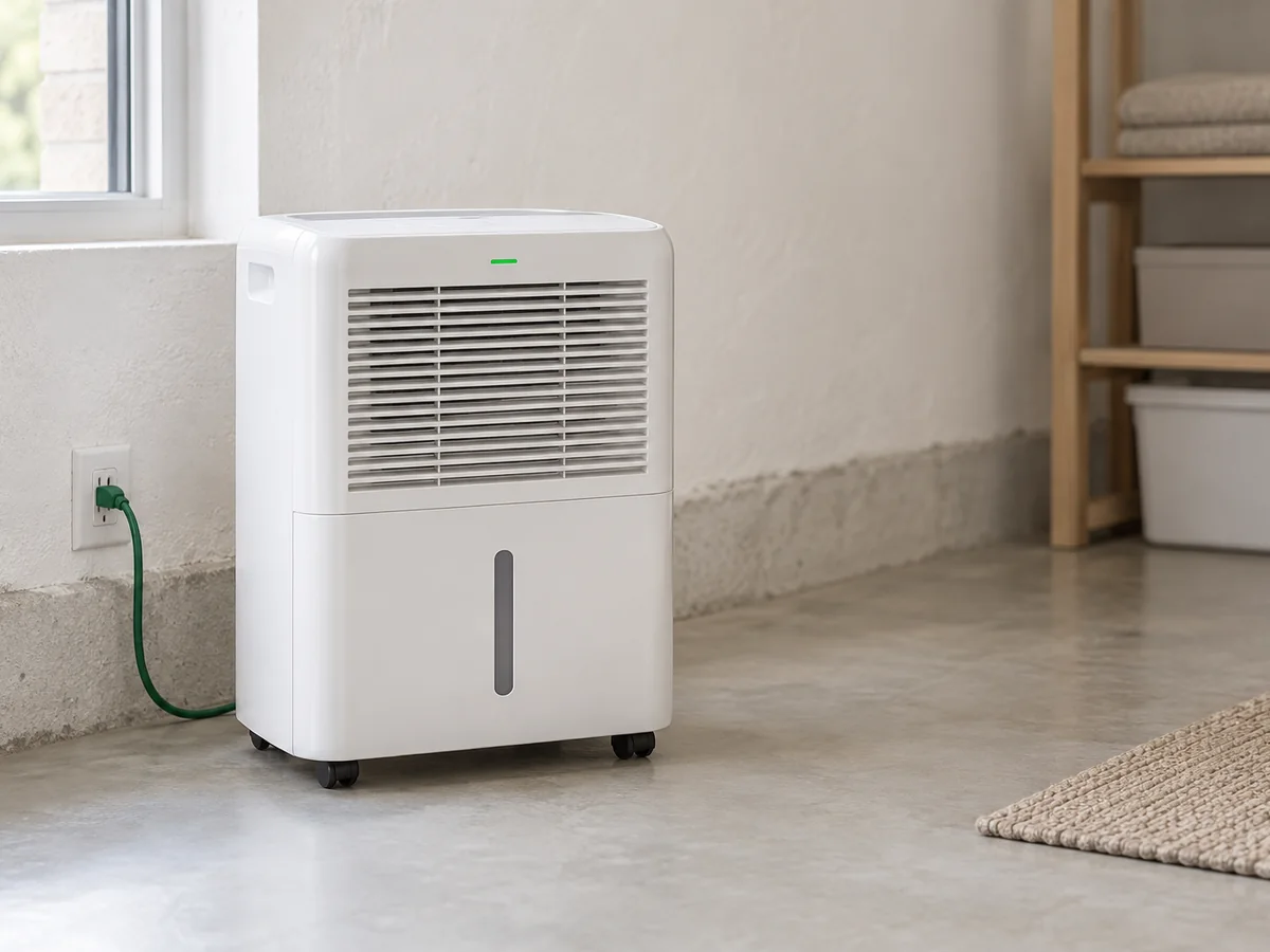 A portable dehumidifier on a clean basement floor.