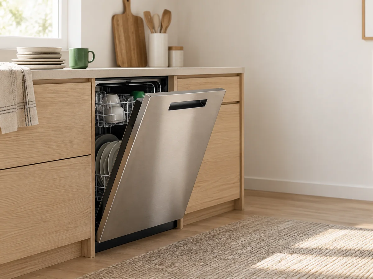 A built-in dishwasher, door slightly open, under a kitchen counter.