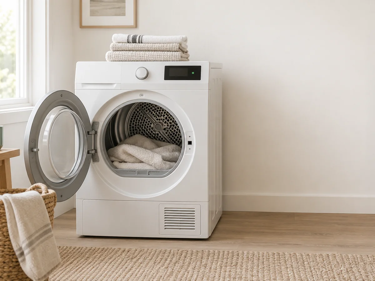 A front-load clothes dryer with its door open and folded towels on top.