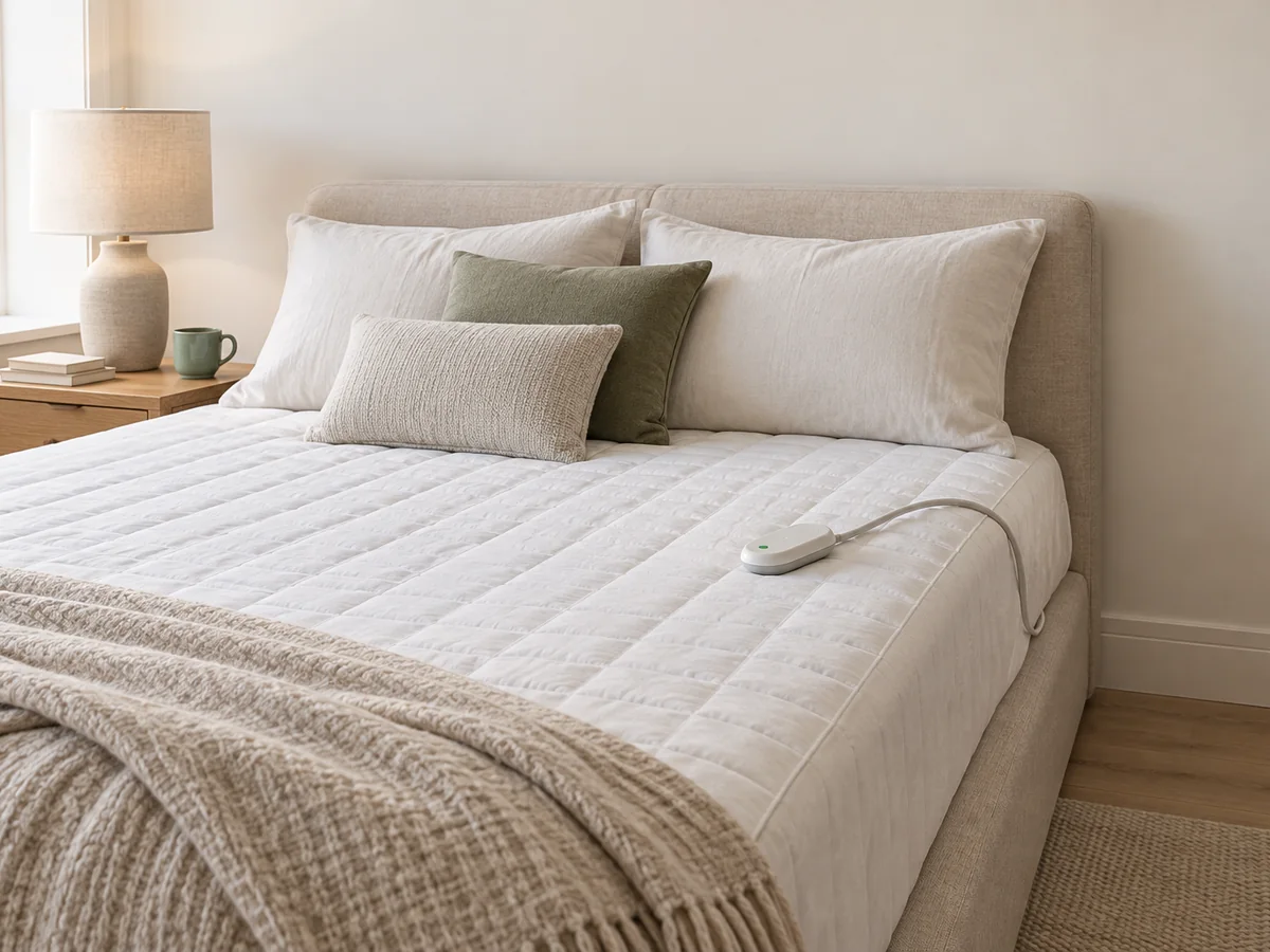 A heated mattress pad with its corded controller on a neatly made bed.