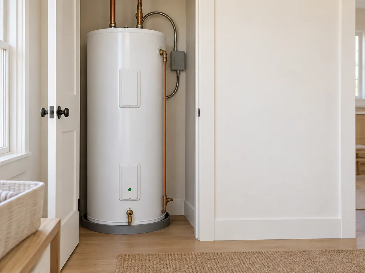 A 50-gallon electric water heater tank in a utility closet.