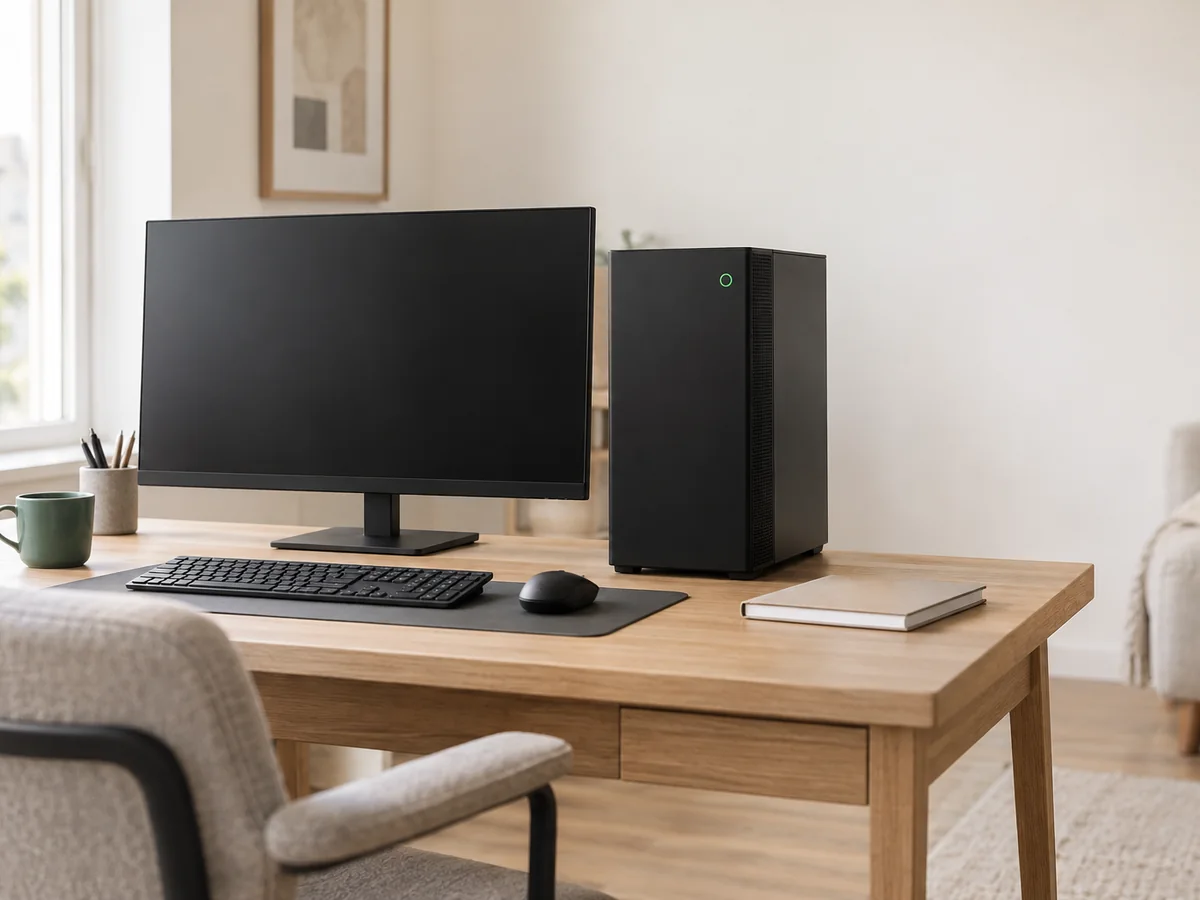 A desktop gaming PC tower and monitor on a light oak desk.