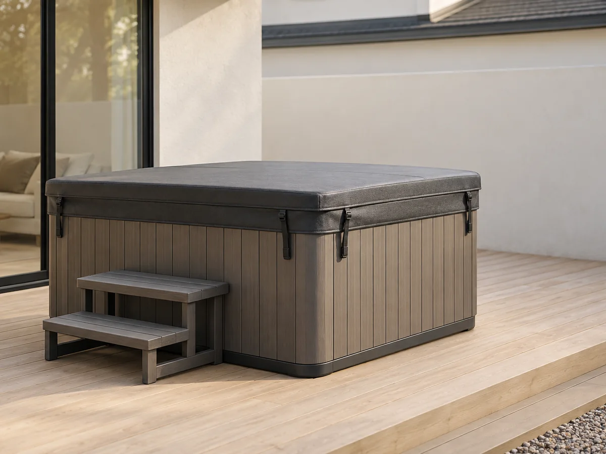 A covered hot tub on a light wood deck.