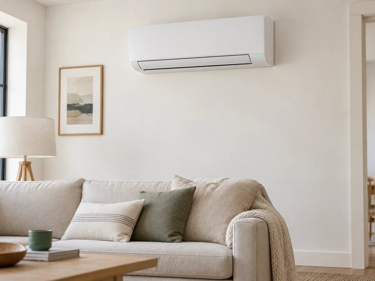 A ductless mini split indoor unit mounted high on a living room wall.