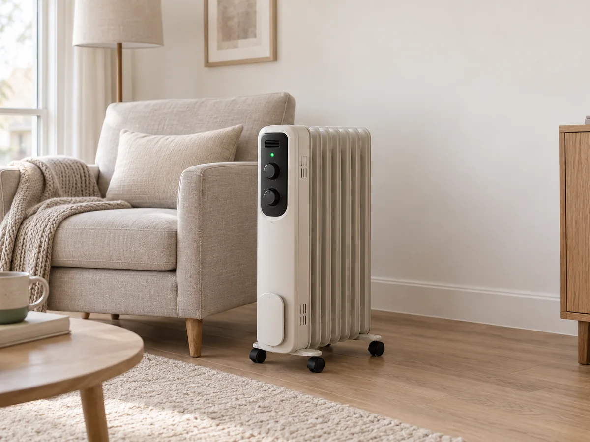 An oil-filled radiator space heater beside a linen reading chair in a small living room.