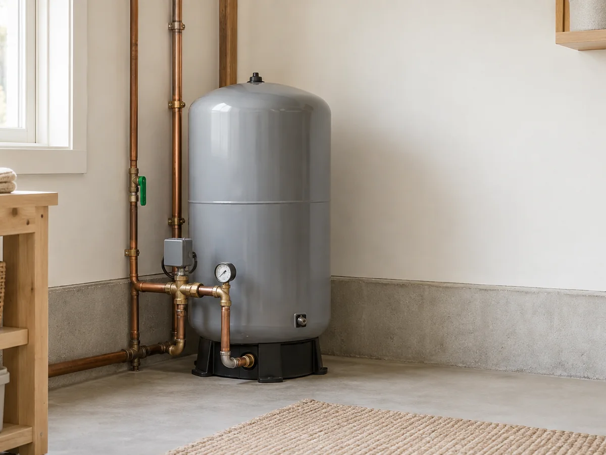 A well pressure tank with copper pipes in a basement utility corner.