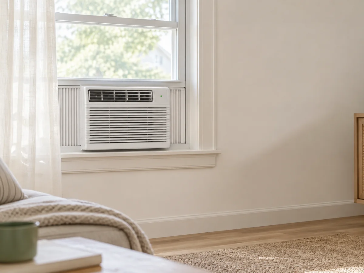 A window air conditioner installed in a double-hung window.