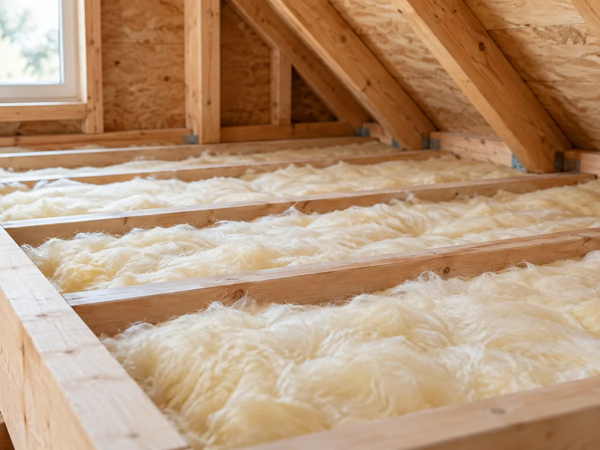 Fiberglass insulation between wooden joists in an attic.