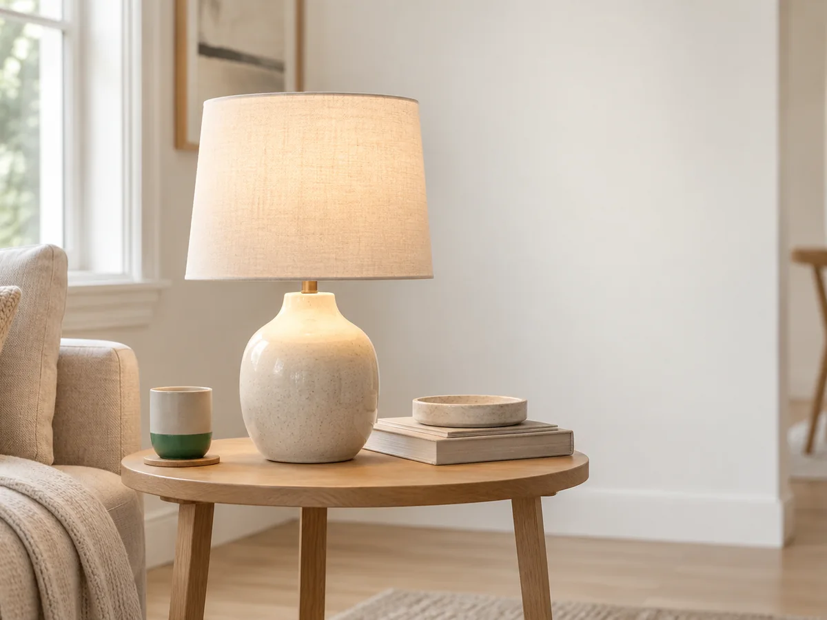 A table lamp with a linen shade switched on, on a wooden side table.
