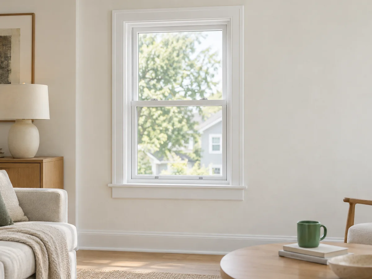 A new double-hung window in a living room wall.