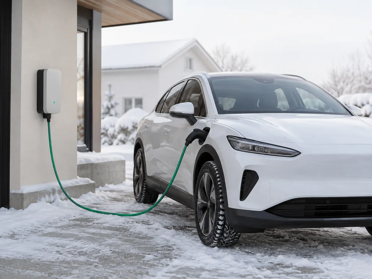 An electric car parked in a snowy driveway.