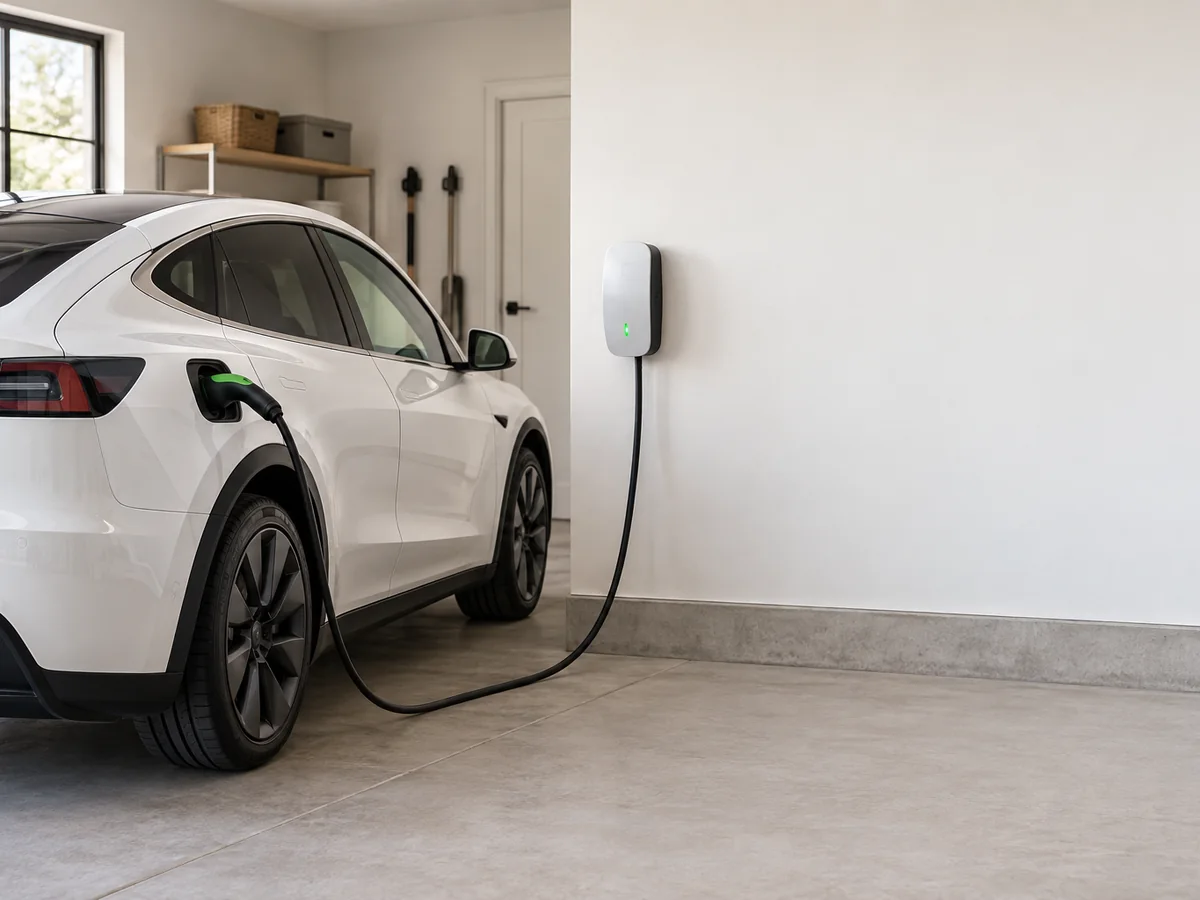 An electric car plugged into a wall charger in a garage.