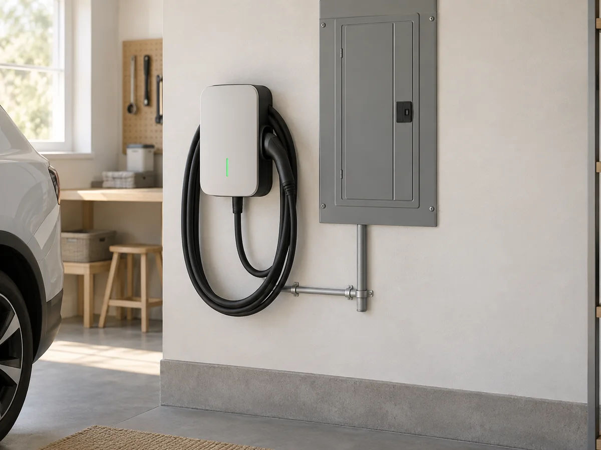 A new EV charger mounted beside an electrical panel in a garage.
