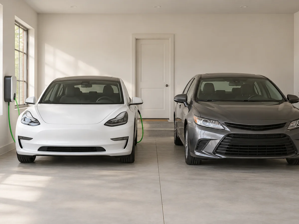 An electric car and a gasoline sedan parked side by side.