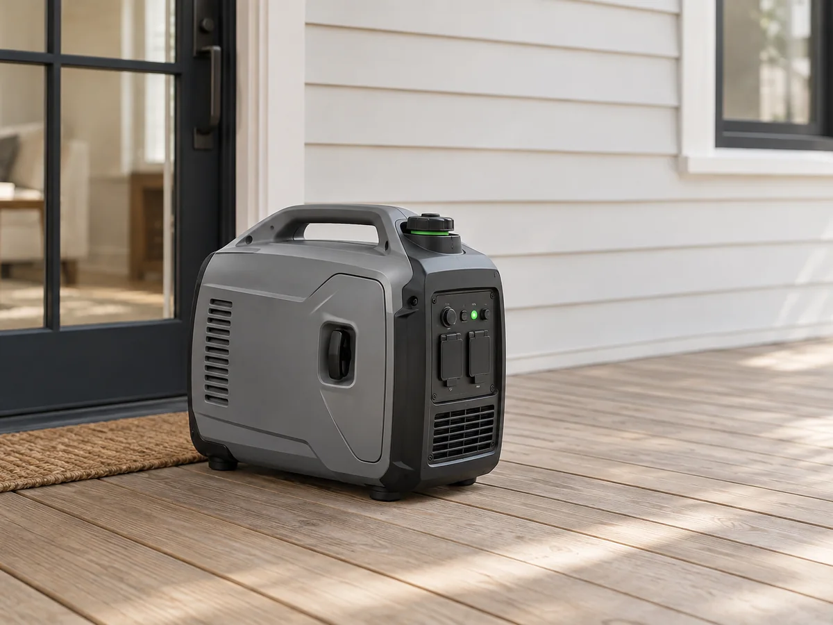 An inverter portable generator on a wooden deck.