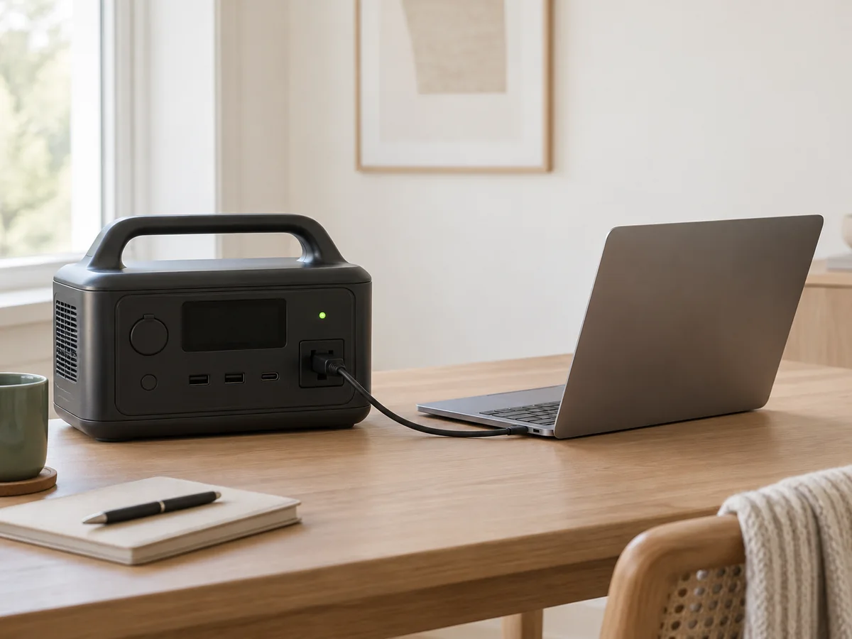 A portable power station powering a laptop on a desk.