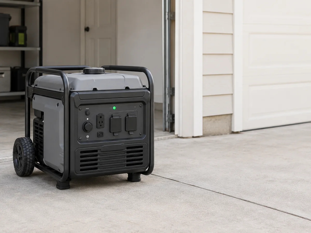 A portable generator on a driveway beside a garage.