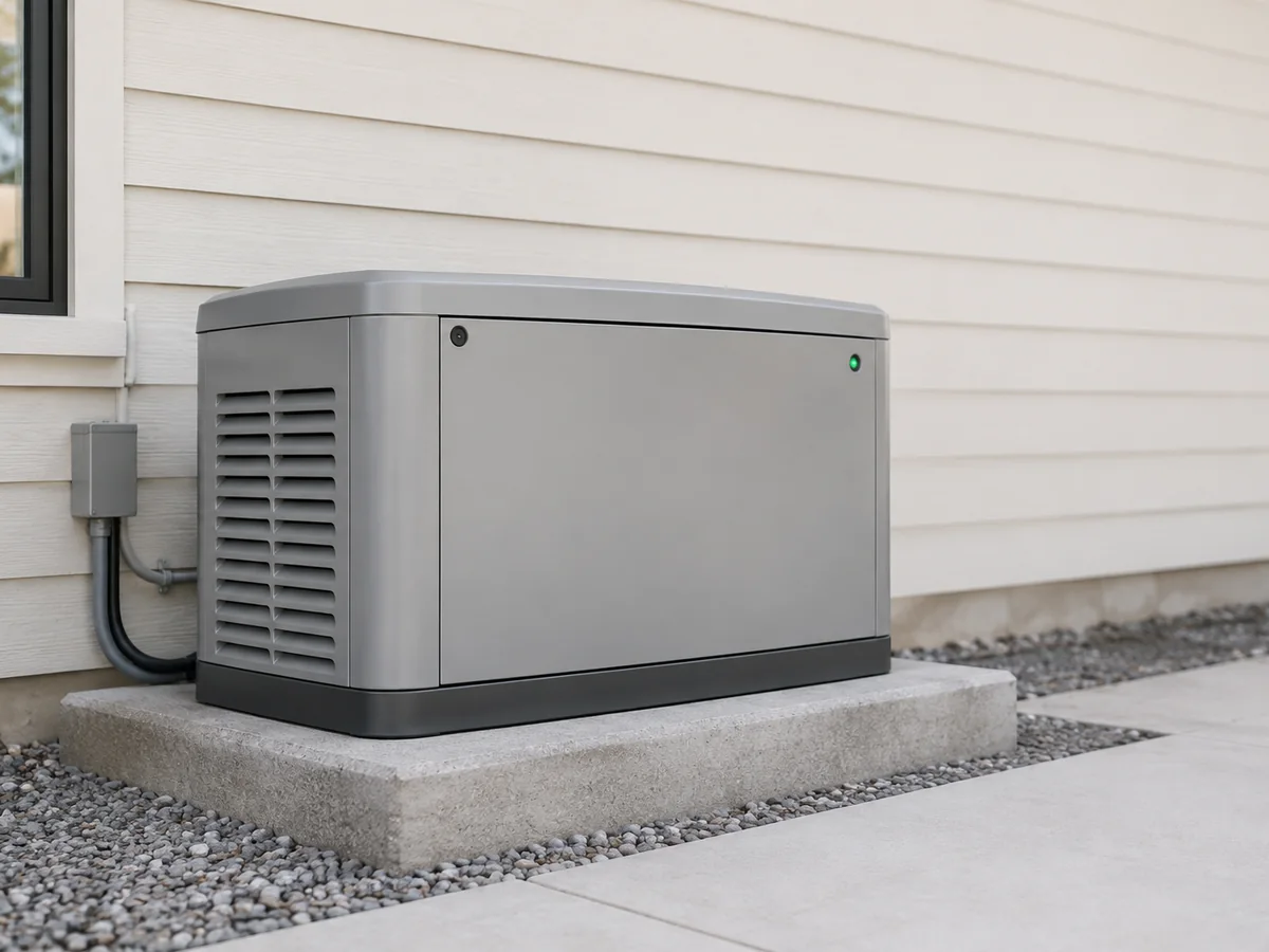 A home standby generator on a concrete pad beside a house.