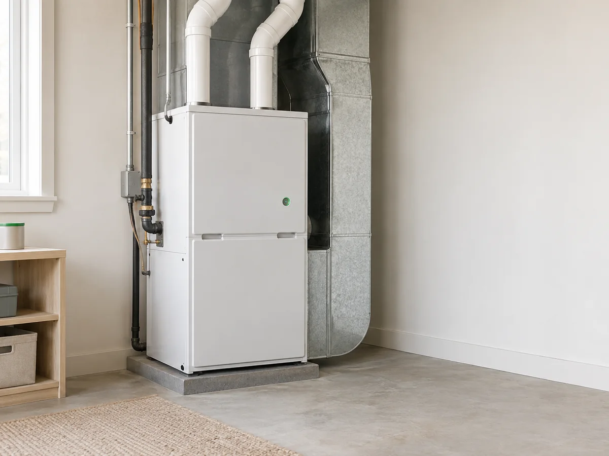 A high-efficiency gas furnace with vent pipes in a basement.