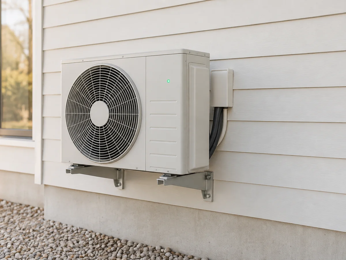 A wall-mounted outdoor heat pump unit beside a house.