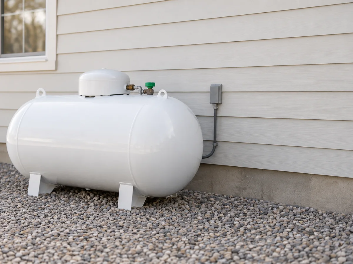 A residential propane tank on gravel beside a house.
