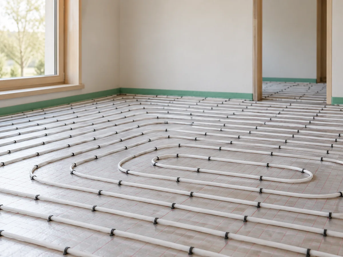 Radiant floor heating tubing laid in loops on a subfloor.