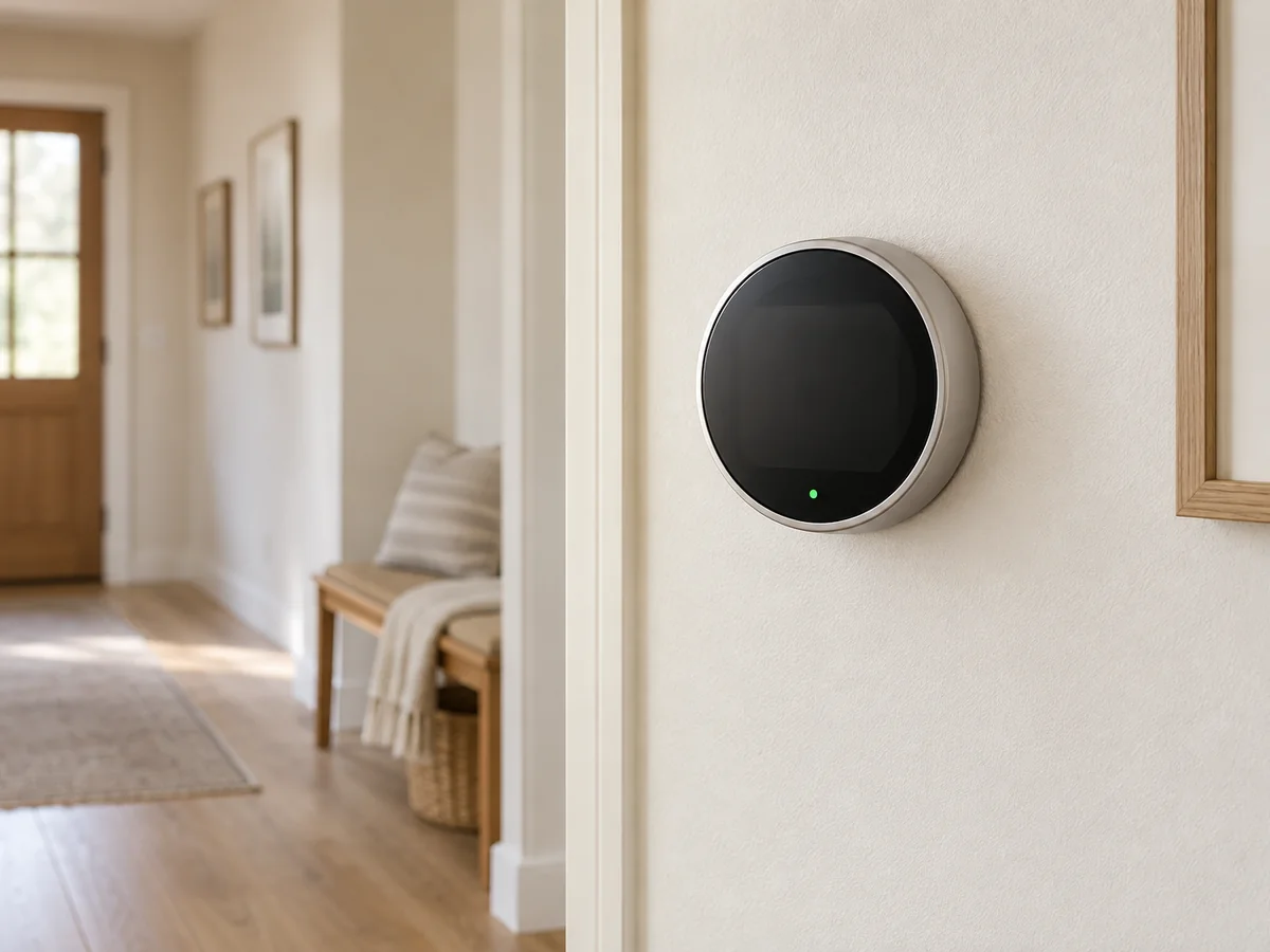 A round wall thermostat on a hallway wall.