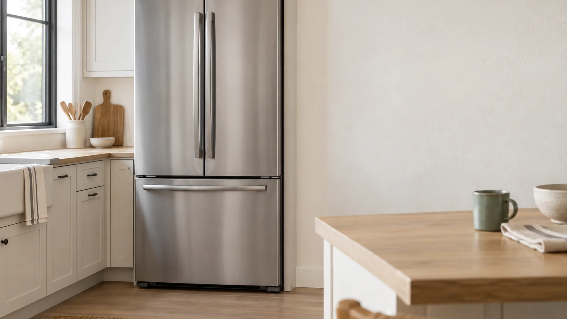 A stainless refrigerator in a calm, sunlit kitchen with a bare plaster wall.