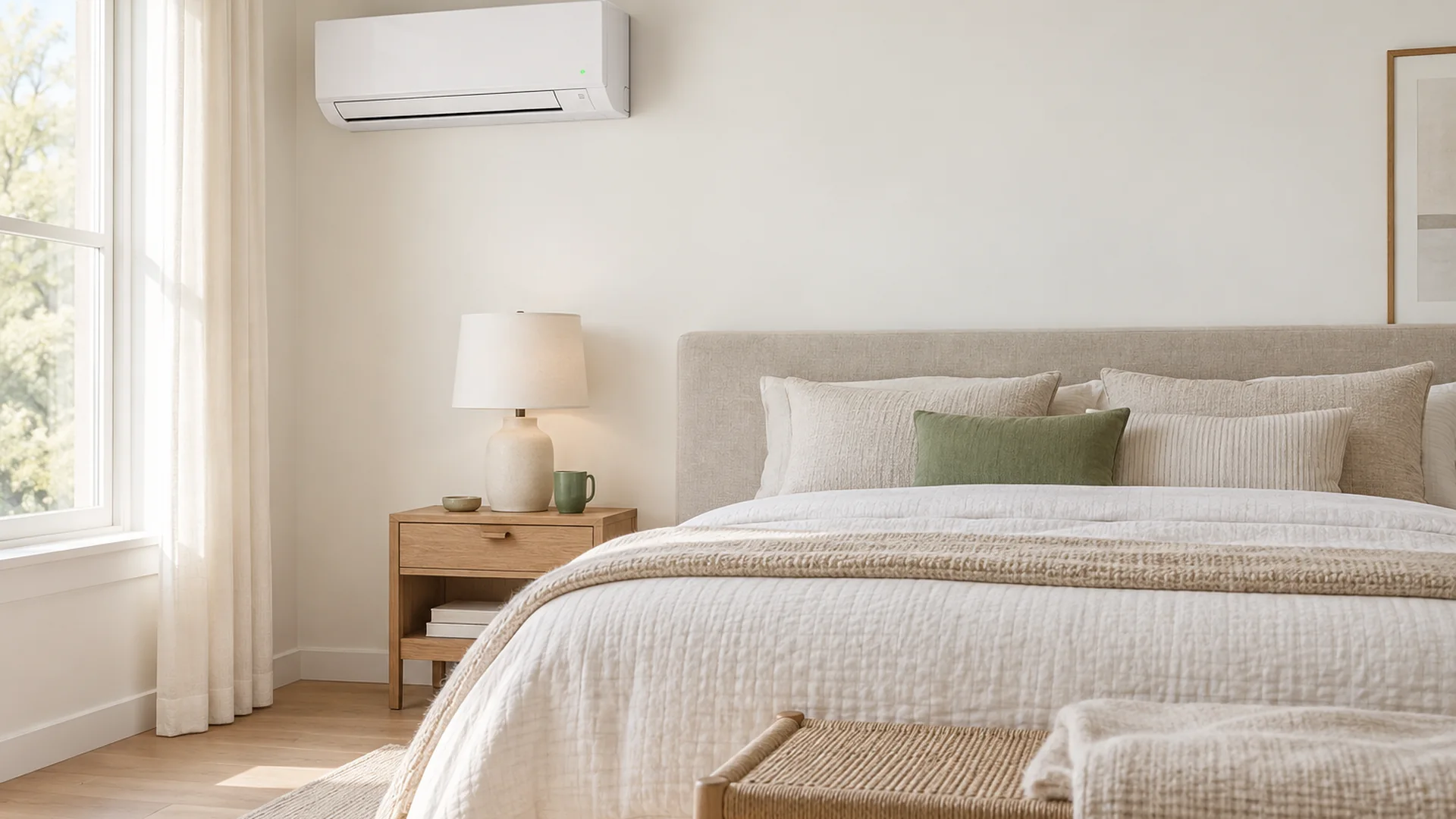 A ductless mini split unit high on a bright bedroom wall.