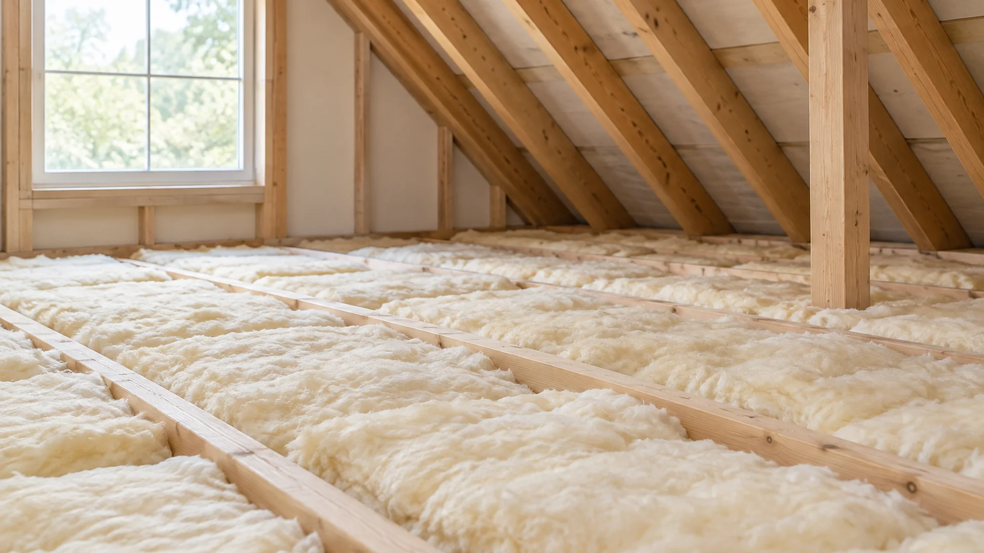 An attic with fiberglass insulation between the joists.