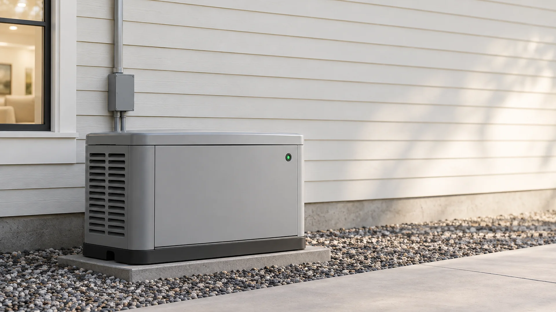 A home standby generator beside a house.