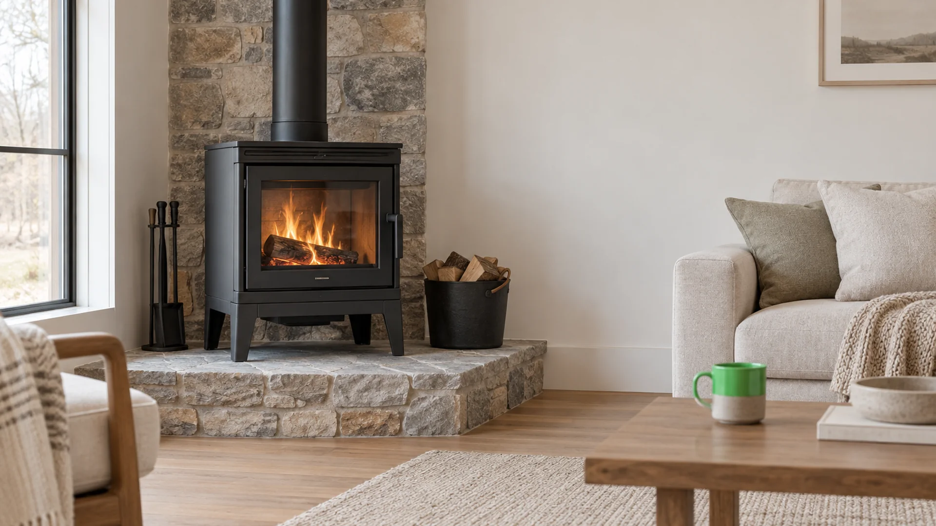 A wood stove on a stone hearth in a calm living room.