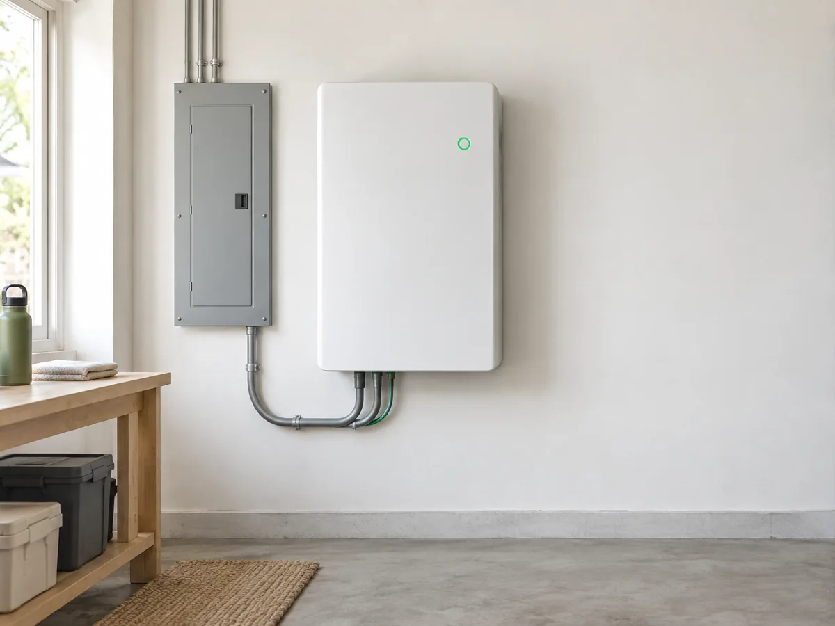 A wall-mounted home battery beside an electrical panel in a garage.