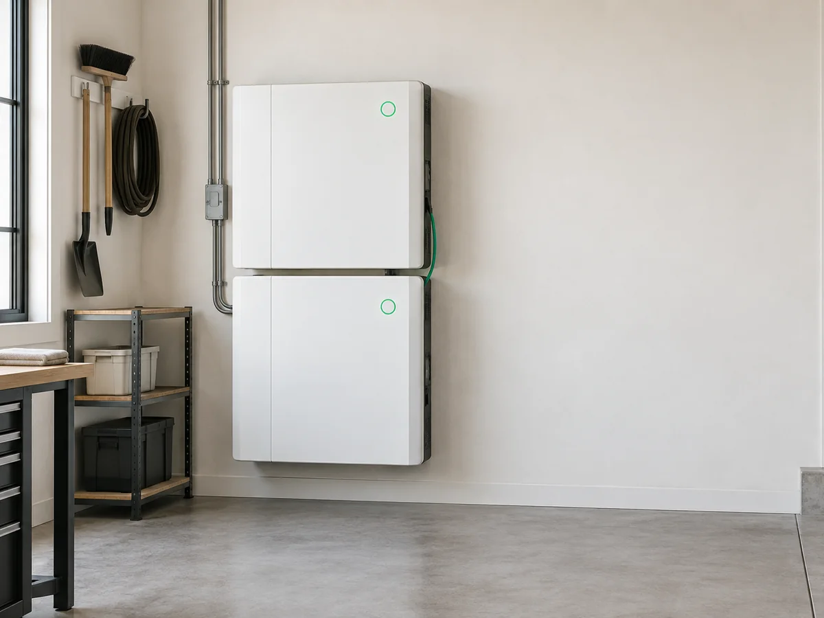 Two stacked home battery modules on a garage wall.