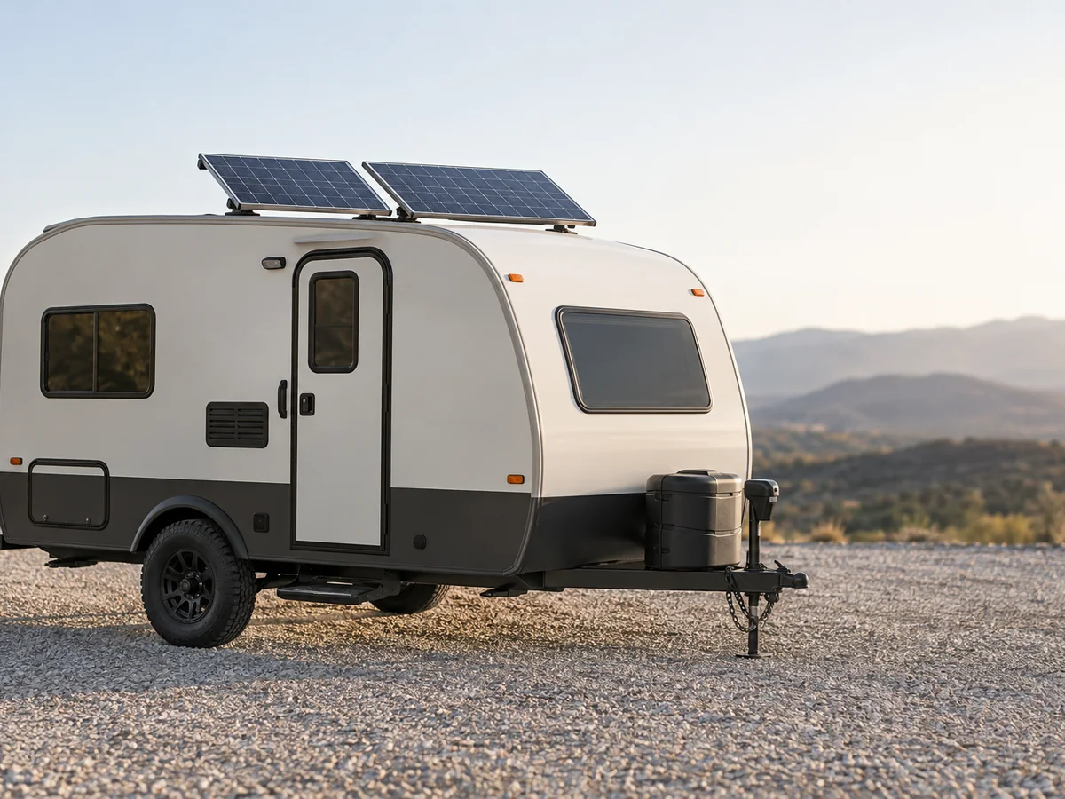 A small travel trailer with solar panels on its roof.
