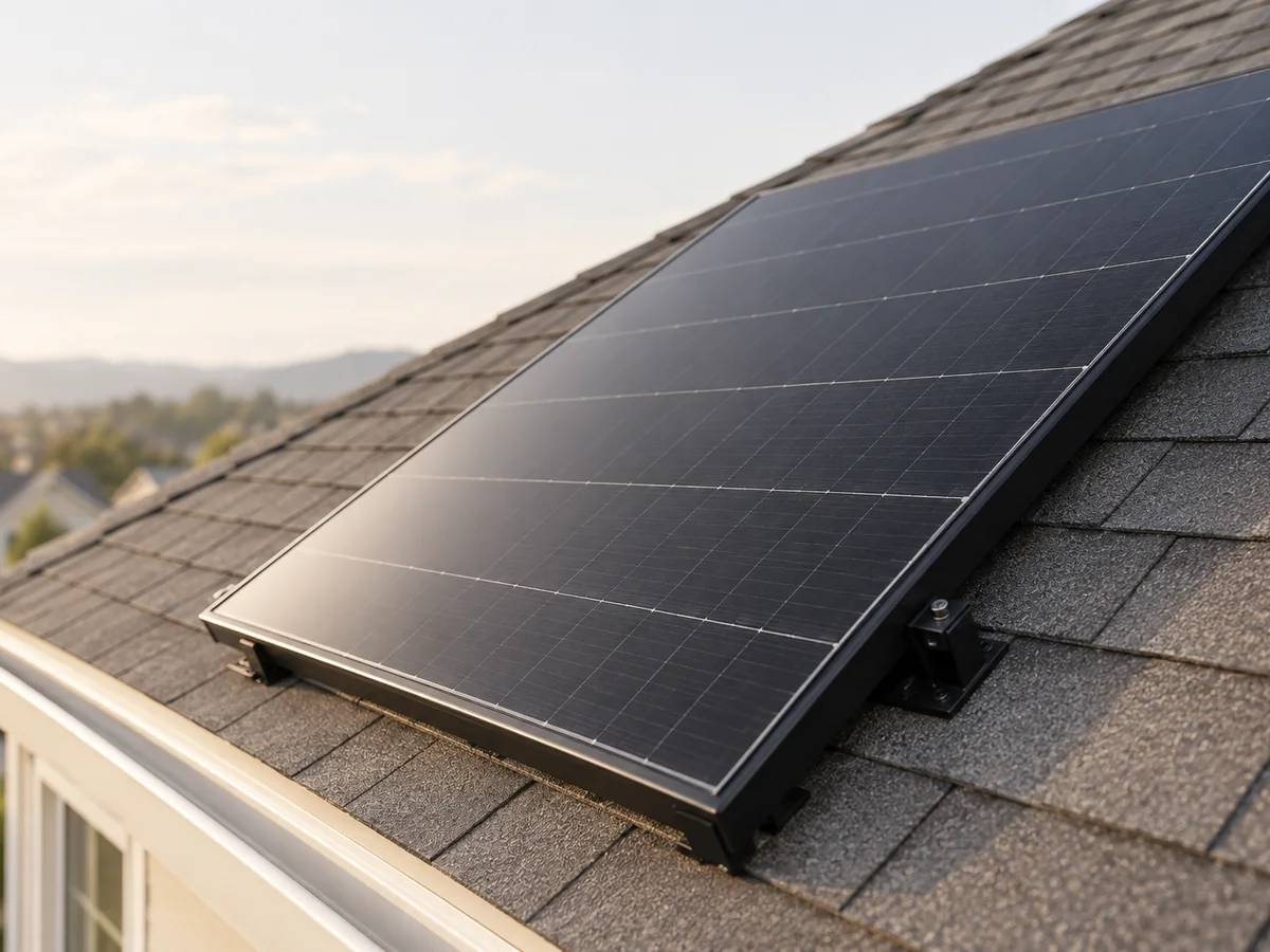 A close view of one rooftop solar panel in soft daylight.